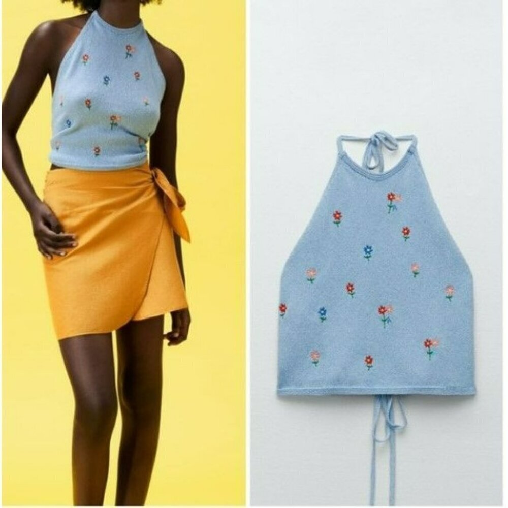 Zara Knit Floral Embroidered Halter neck Top Light Blue Small Crochet Open